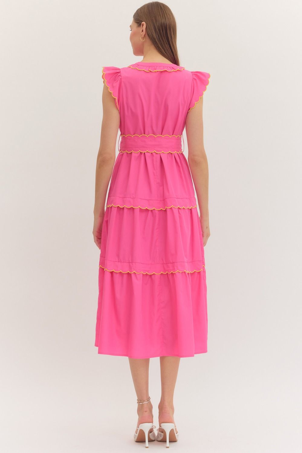 Entro - Dress - Midi Cap Sleeve Tiered Scallop Trim - Hot Pink - Findlay Rowe Designs