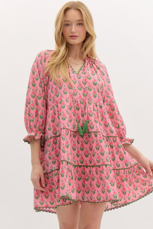 Dress - Pink Tiered Print - Scallop Trim Inset - Findlay Rowe Designs