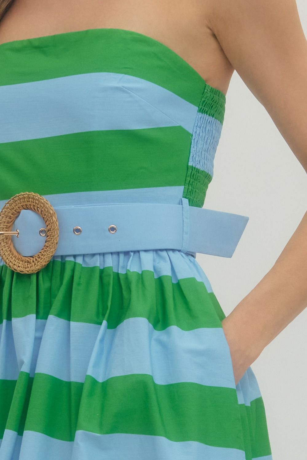 Entro - Dress - Strapless Midi - Green Blue Stripe - Findlay Rowe Designs