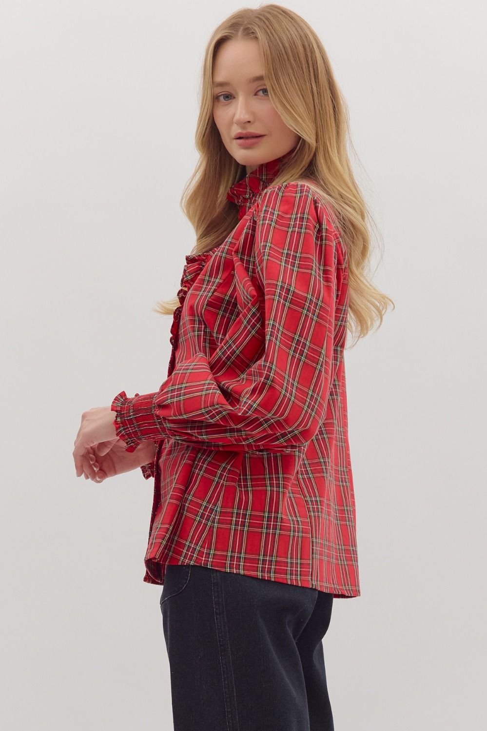 Top - Long Sleeve Plaid Ruffle - Red