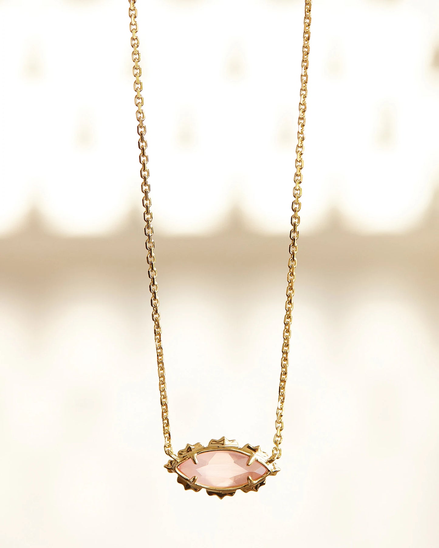 Genevieve Gold Short Pendant Necklace in Luster Plated Pink Cat Eye