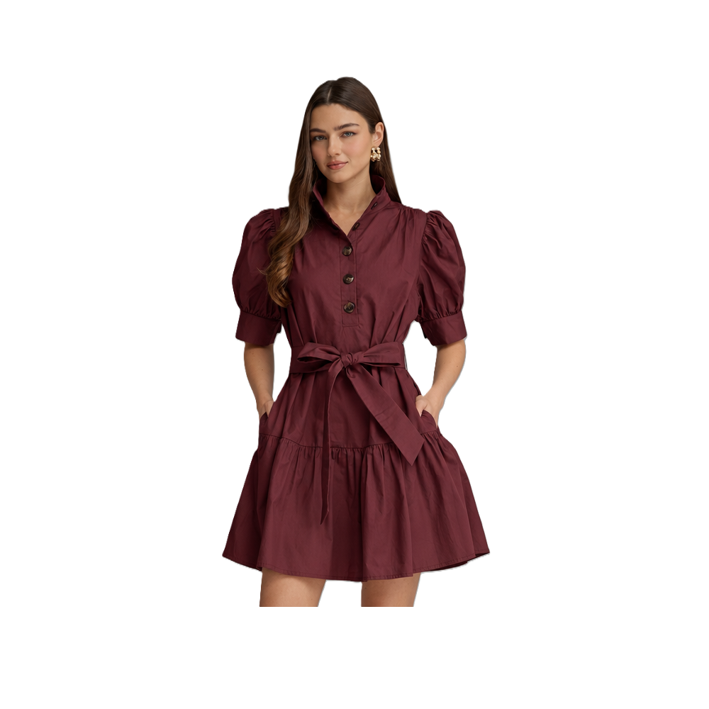 Entro - Dress - Mini Short Sleeve Self Tie - Merlot - Findlay Rowe Designs