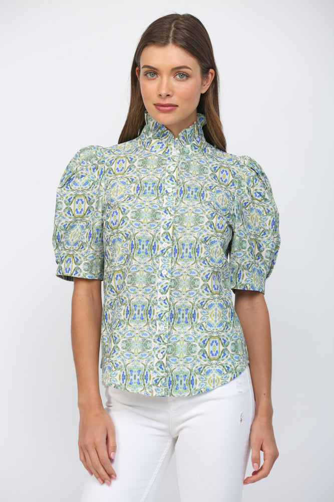 Top - Ruffle Neck Puff Sleeve - Green Blue - Findlay Rowe Designs