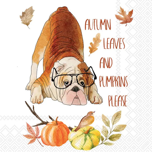 Cocktail Napkins - Bulldog Autumn Leaves Pumpkins Please