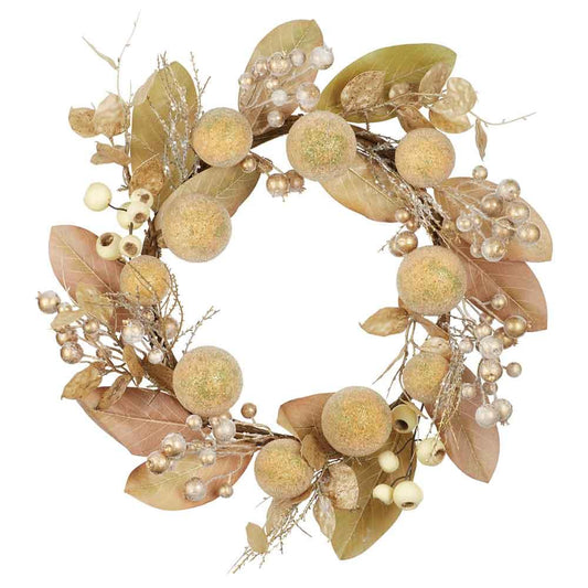 Wreath - Beaded Ball Berry Magnolia Leaf - 24in Gold