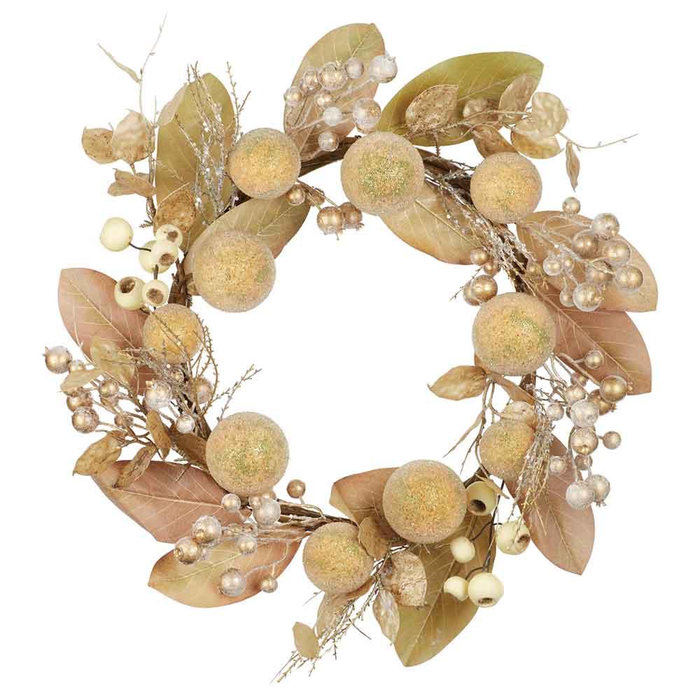 Wreath - Beaded Ball Berry Magnolia Leaf - 24in Gold