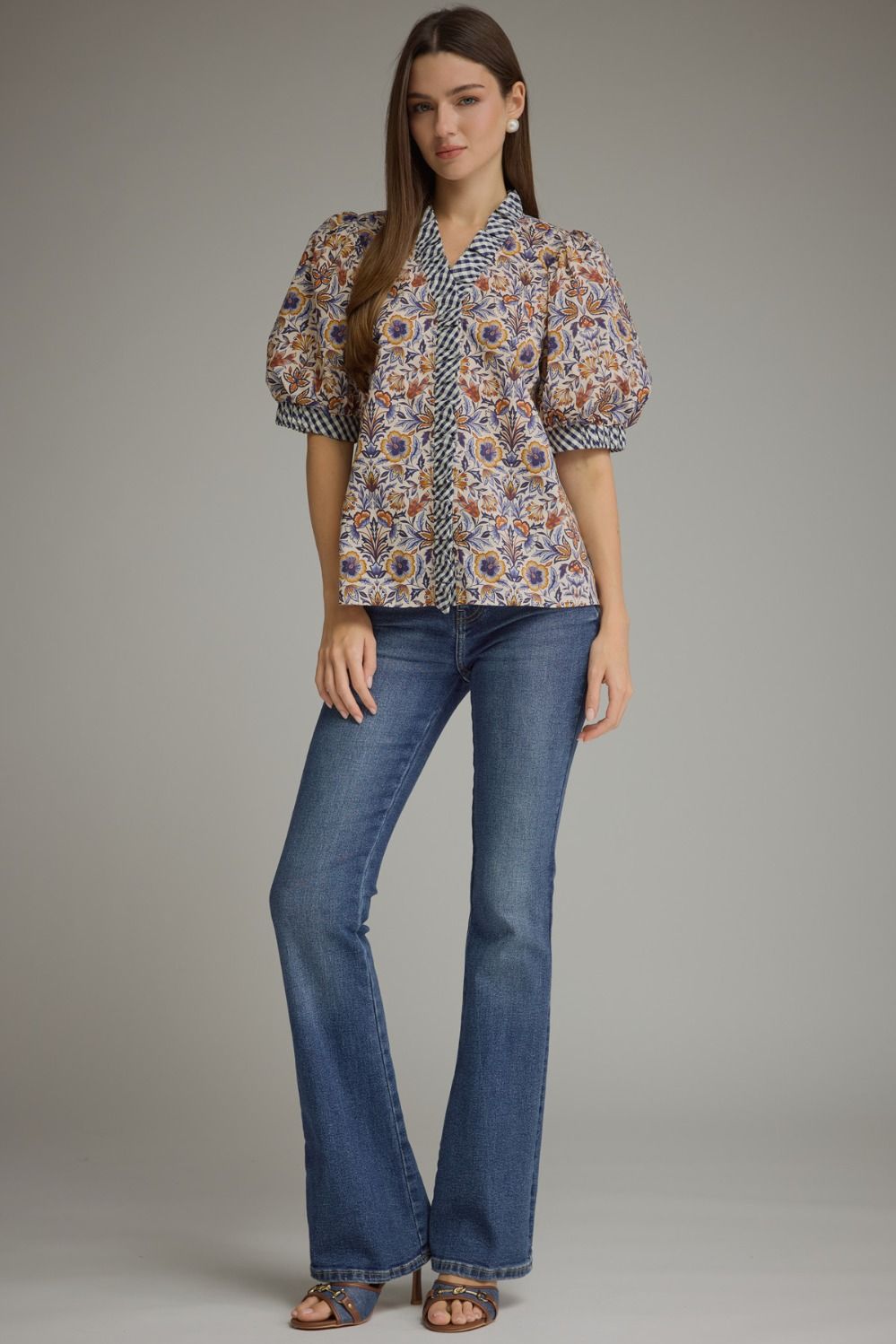 Entro - Top - Puff Sleeve Ruffle Gingham Trim - Floral Ecru - Findlay Rowe Designs
