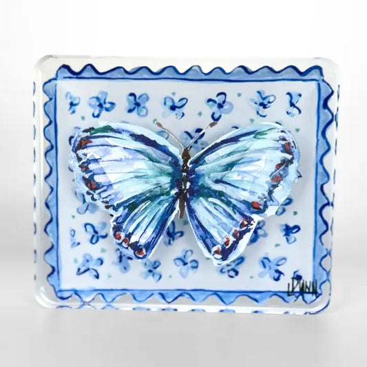 Lauren Dunn - Acrylic Block - Blue Butterfly On Floral Block - Small - Findlay Rowe Designs