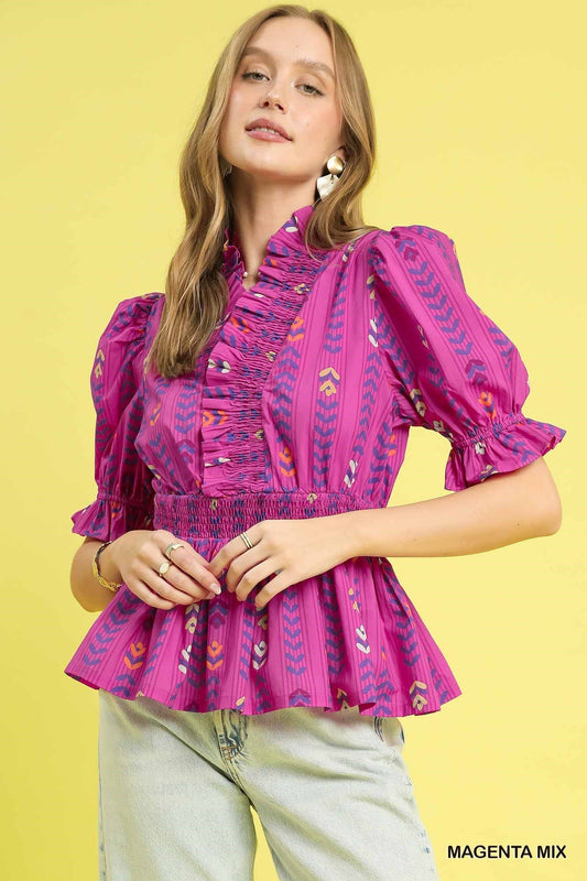 Umgee - Top - Smocked Waist Printed Blouse - Magenta - Findlay Rowe Designs