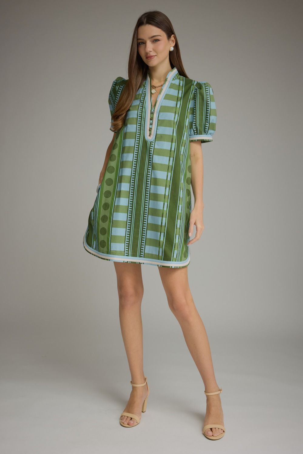 Entro - Dress - Mini V-neck Puff Sleeve - Olive Blue - Findlay Rowe Designs