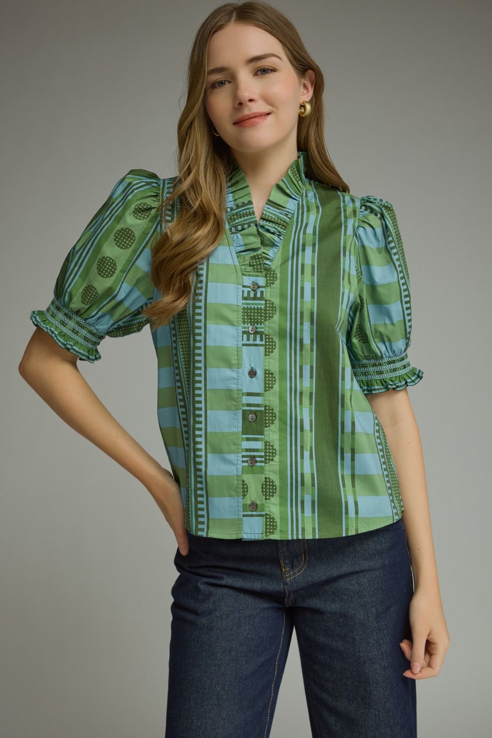 Entro - Top - Ruffle Neck Mixed Print - Olive - Findlay Rowe Designs