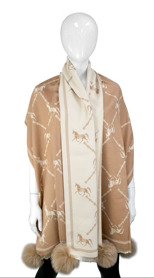 Wrap Fox Fur PomPom - Horse Lattice Print - Beige