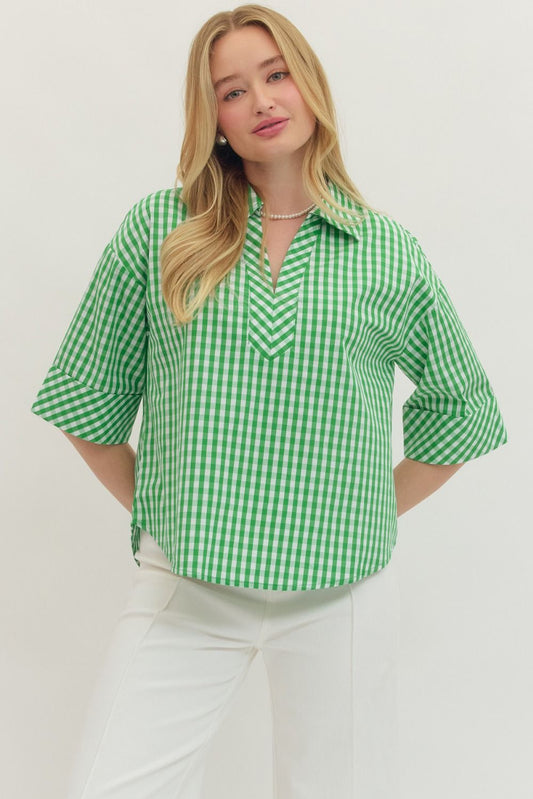 Entro - Top - Gingham 3/4 Sleeve - Green - Findlay Rowe Designs
