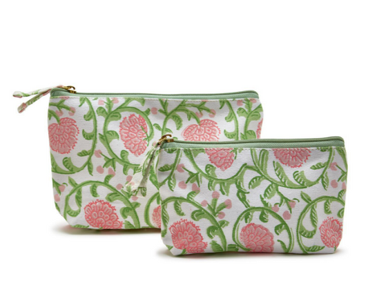 Two's Company- White Floral Block Print Pouches