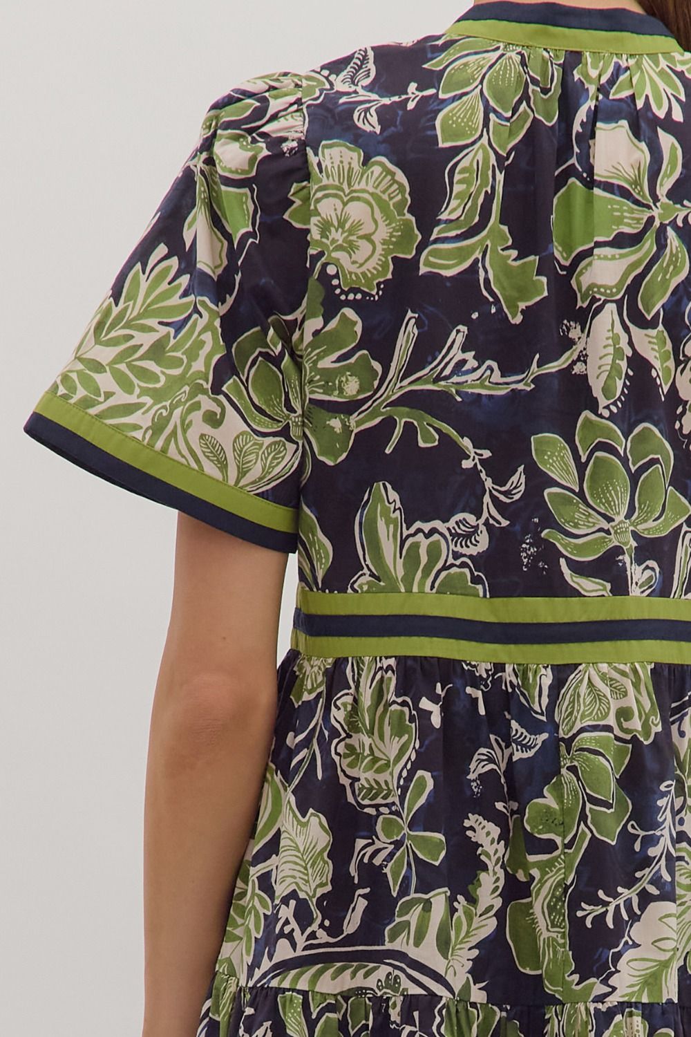 Entro - Dress - Floral Contrast Trim Midi - Navy Green