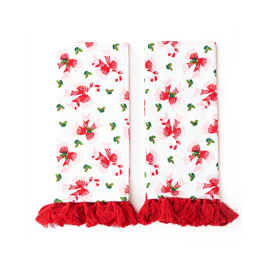 8 Oak Lane - Towel - Tassel Trim - Holly Jolly Bows - Set 2 - Findlay Rowe Designs