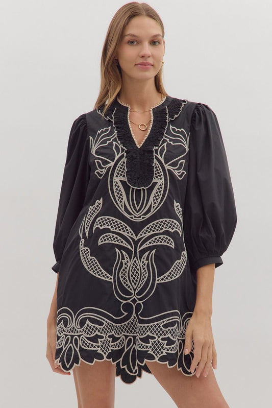 Entro - Dress - Embroidered Mini - Black