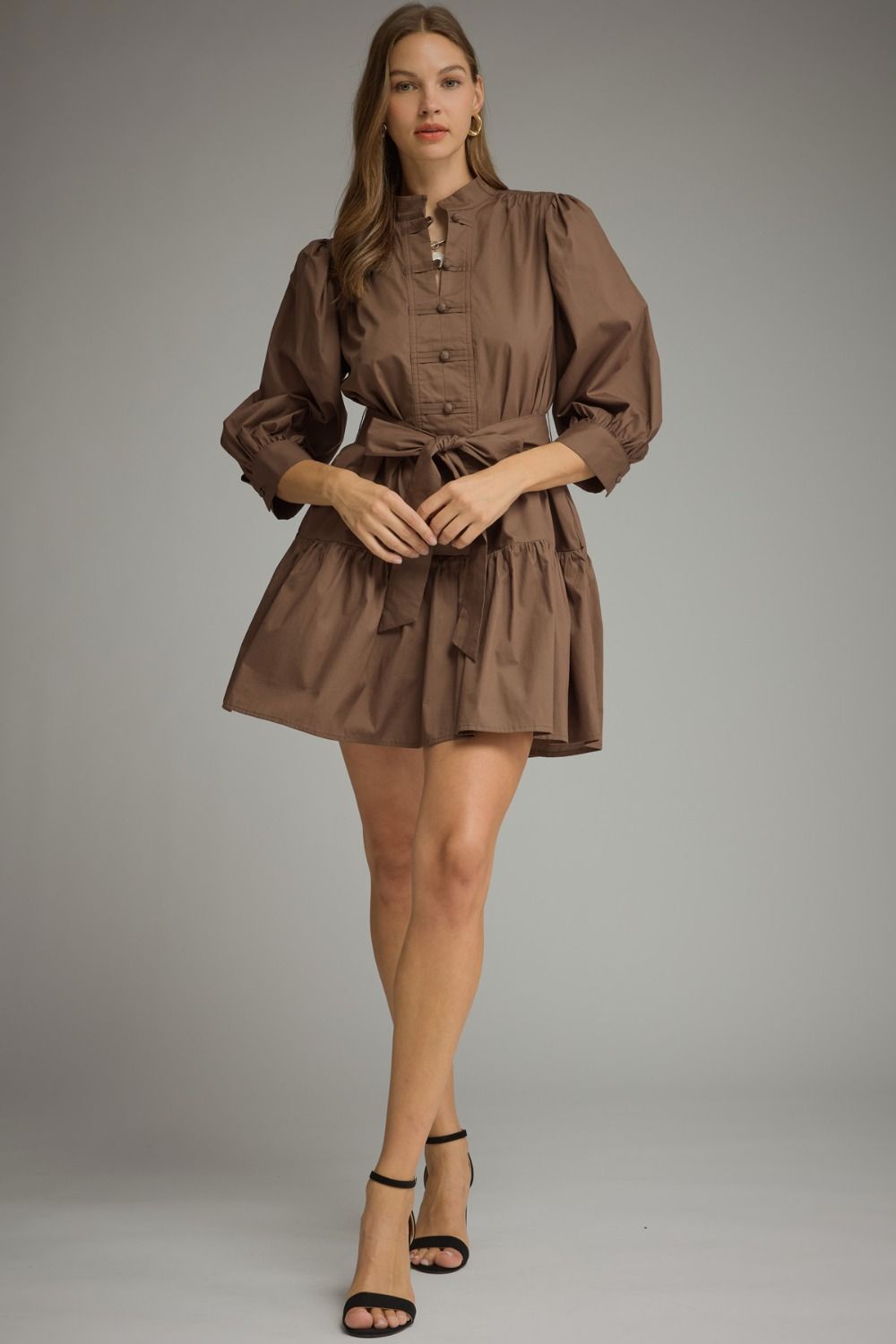 Entro - Dress - Mini Tiered Skirt Balloon sleeve - Brown - Findlay Rowe Designs