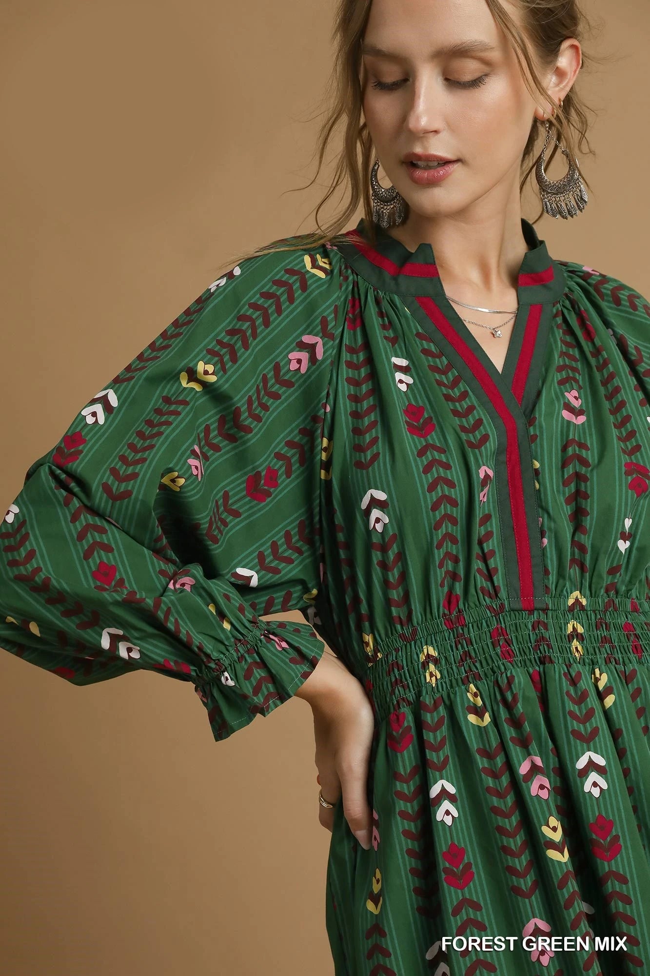 Umgee - Dress - Striped Floral Print Midi - Forest Green - Findlay Rowe Designs