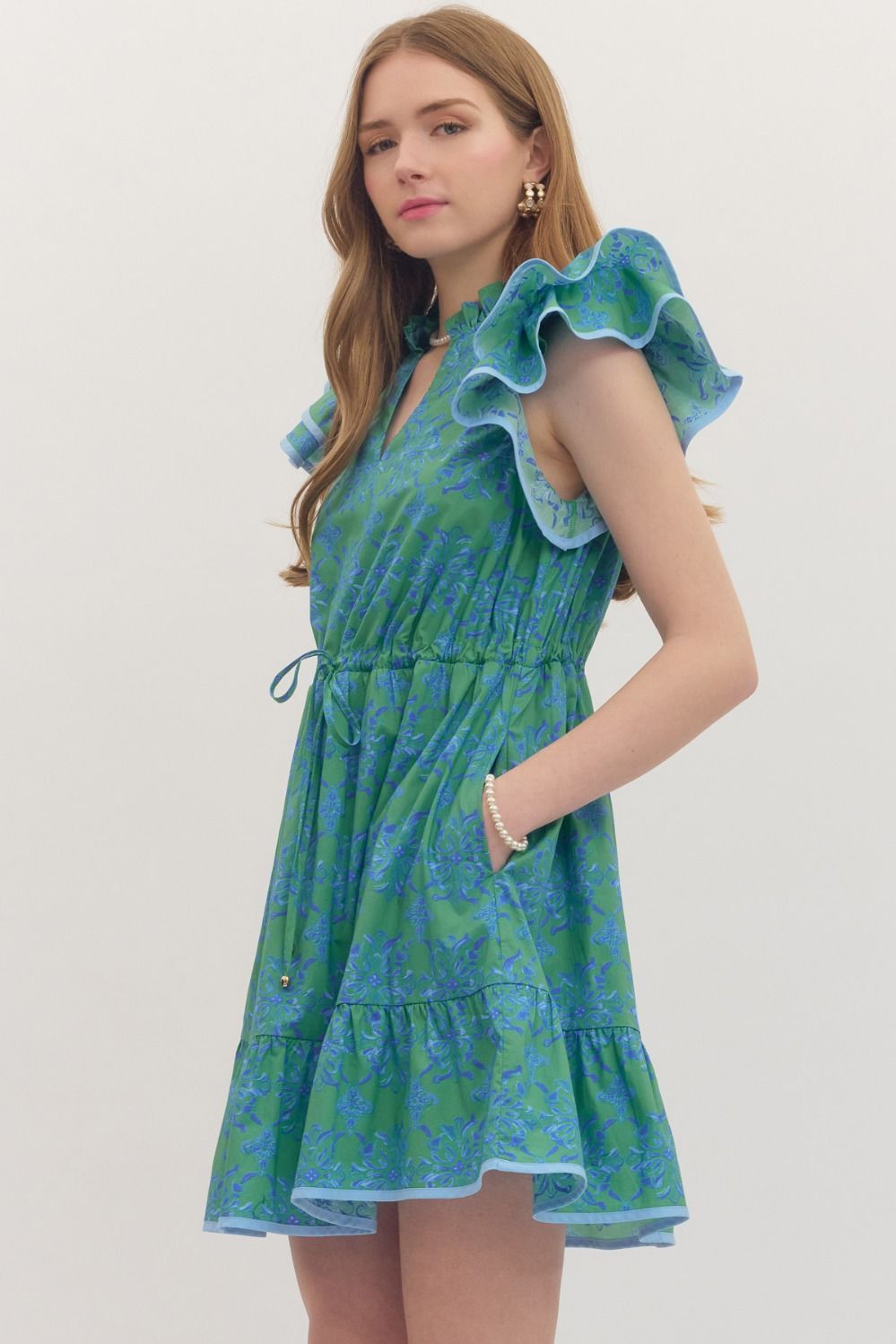 Entro - Dress - Mini Flutter V Neck - Green Blue - Findlay Rowe Designs