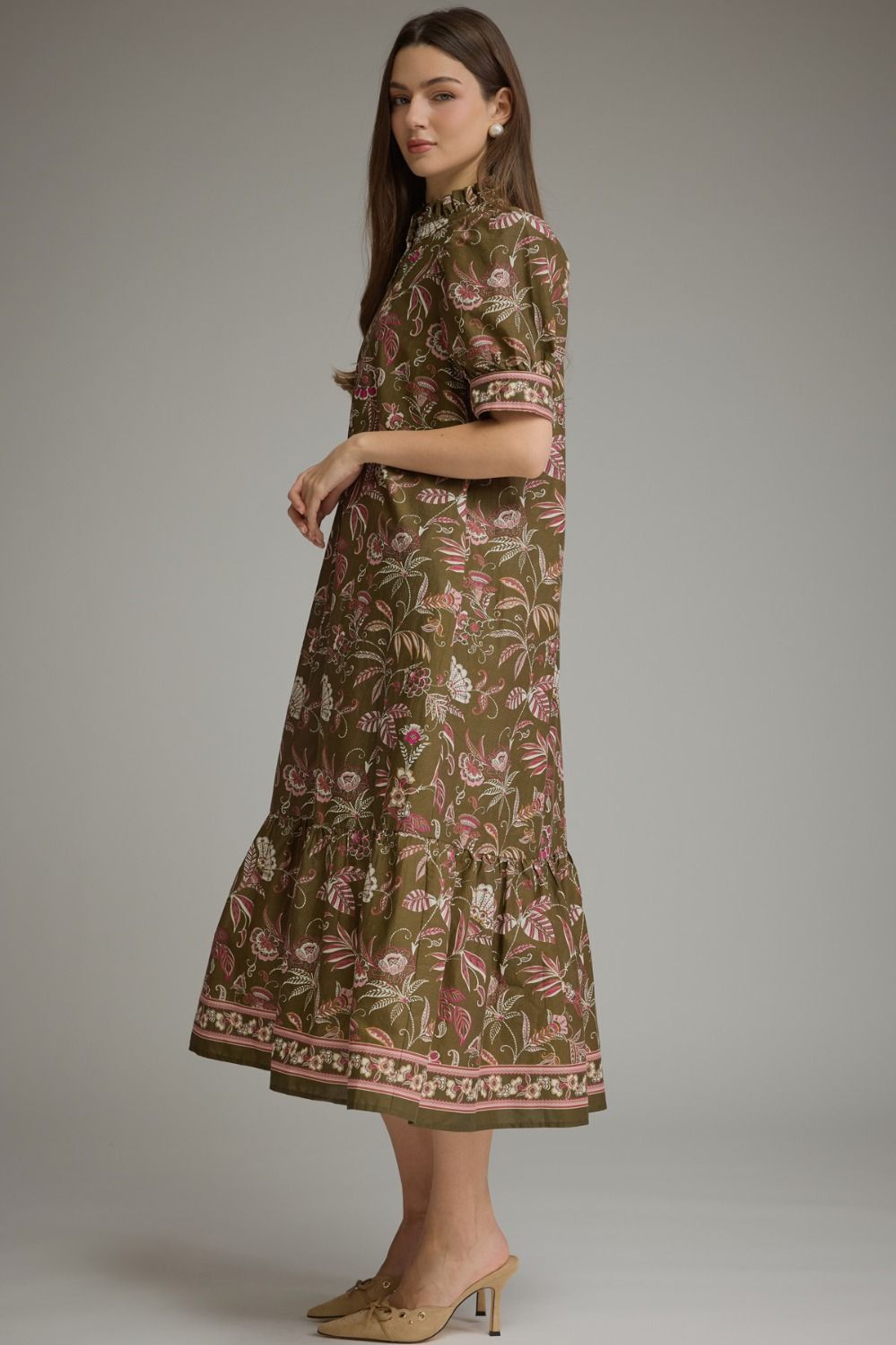 Entro - Dress - Midi Puff Sleeve High Neck - Olive - Findlay Rowe Designs