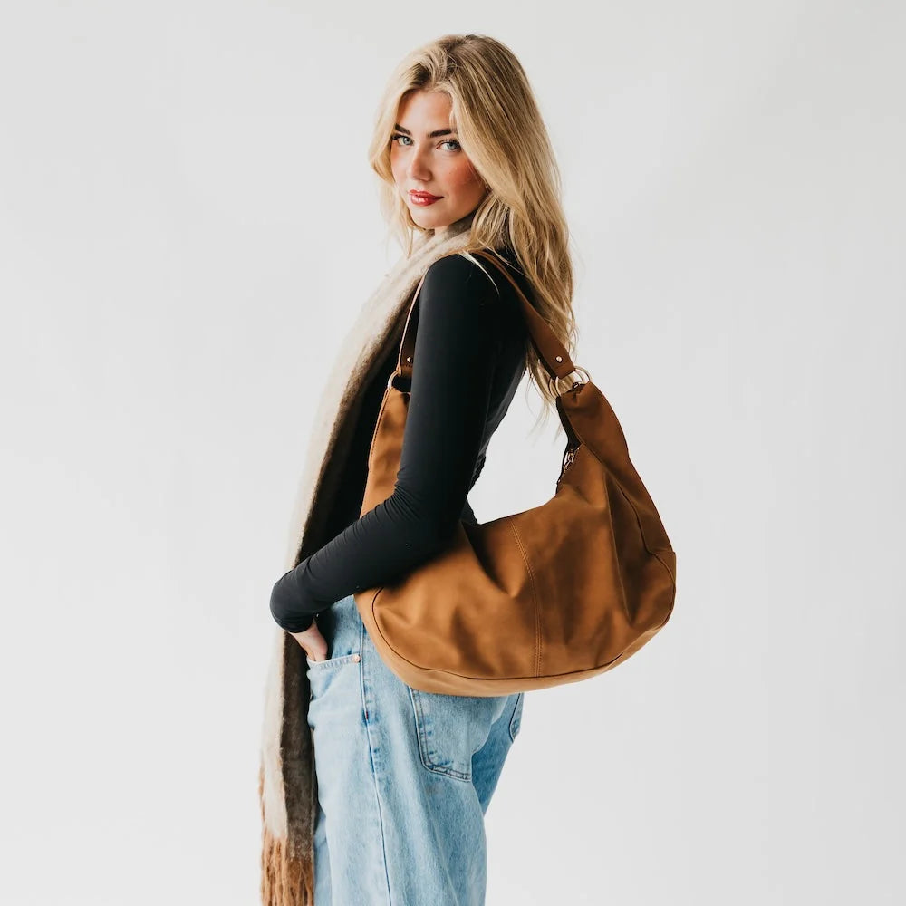 Pretty Simple Bags - Hazel Hobo Shoulder Bag with Tassel - Tan Suede - Findlay Rowe Designs