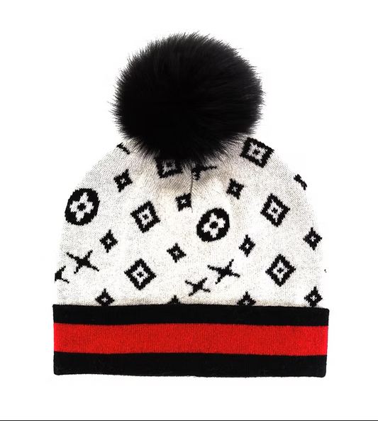 Beanie - Fox PomPom - Luxury Monogram Pattern