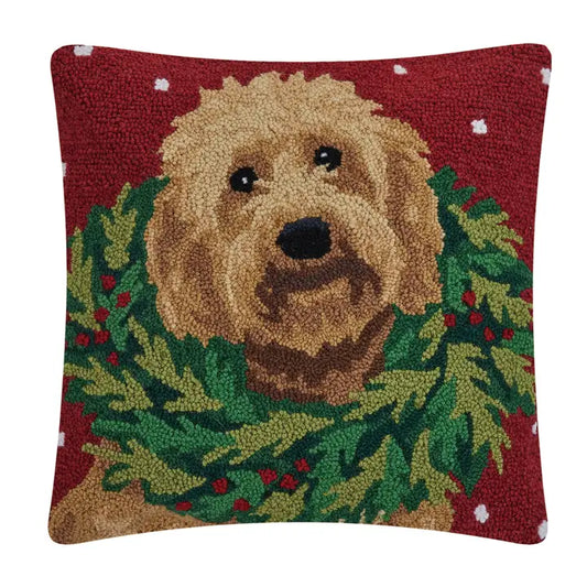 Pillow - Square - Christmas Labradoodle with Wreath. - Findlay Rowe Designs