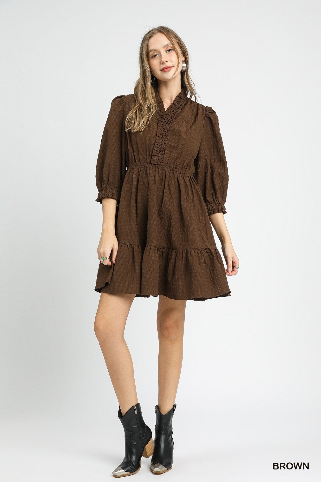Umgee - Dress - Ruffle Trim Textured Babydoll - Brown - Findlay Rowe Designs