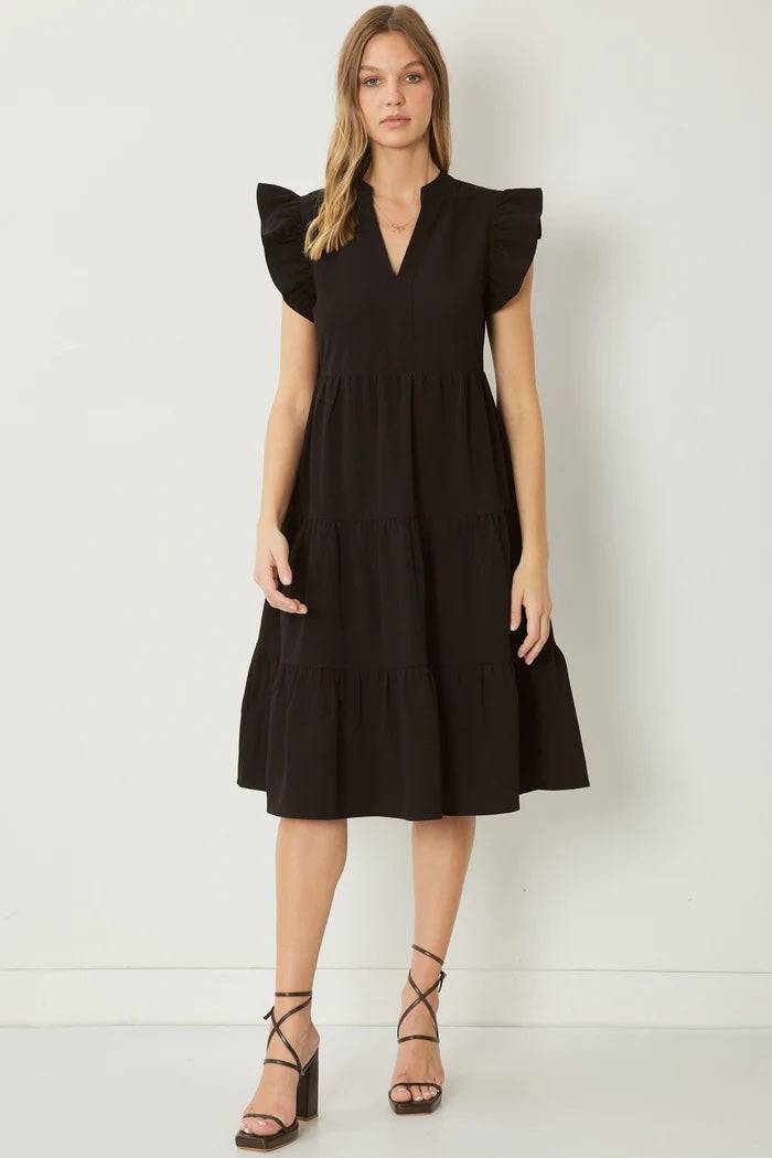 RUFFLED POCKET TIERED MIDI DRESS, BLACK | Findlay Rowe Designs