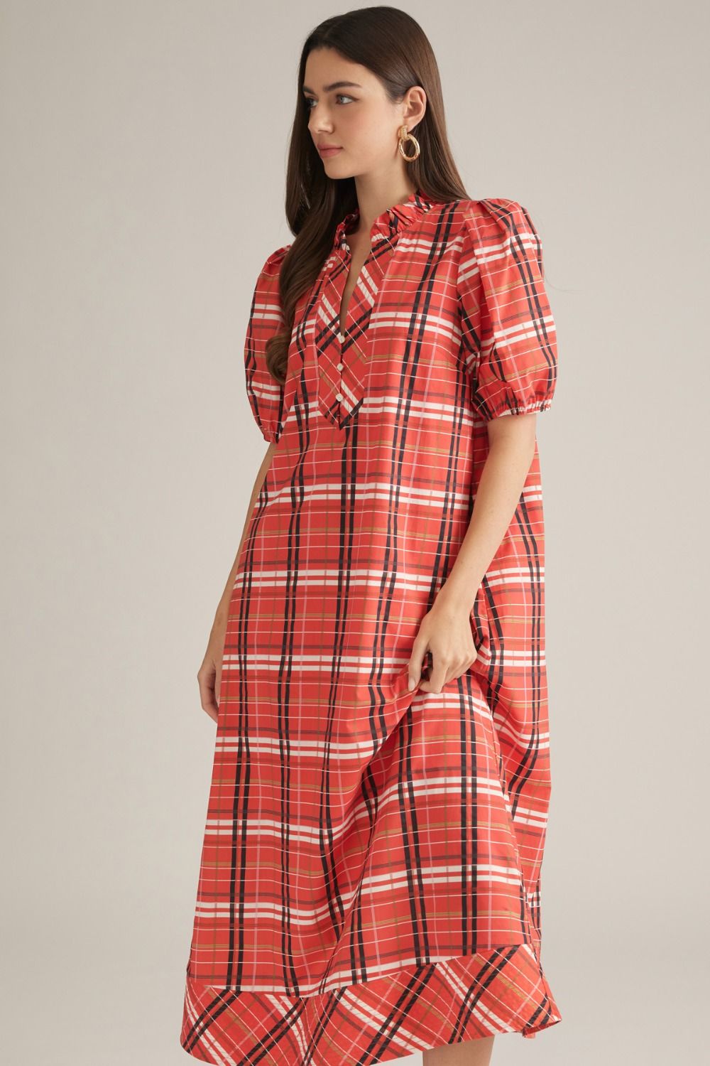 Entro - Dress - Midi Puff Sleeve - Red Black Plaid - Findlay Rowe Designs