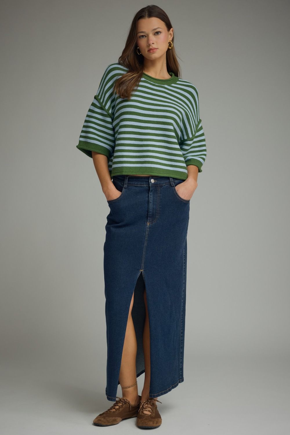Entro - Top - Short Sleeve Sweater -  Green Lt Blue  Stripe - Findlay Rowe Designs