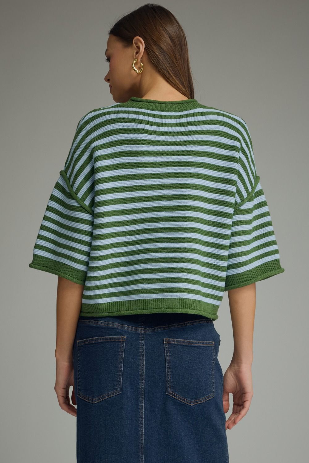 Entro - Top - Short Sleeve Sweater -  Green Lt Blue  Stripe - Findlay Rowe Designs