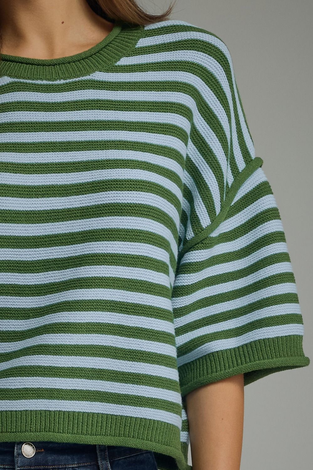Entro - Top - Short Sleeve Sweater -  Green Lt Blue  Stripe - Findlay Rowe Designs
