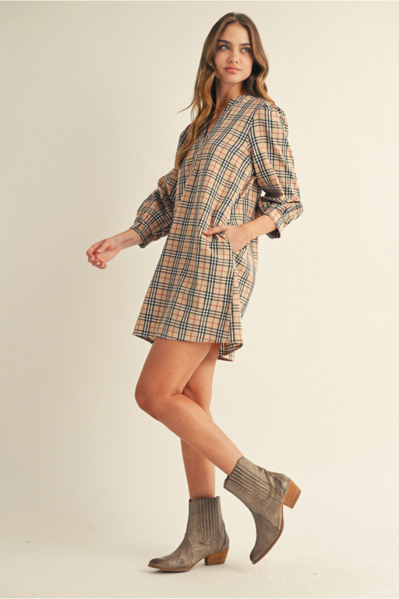 Dress - Mini - Taupe Red Plaid