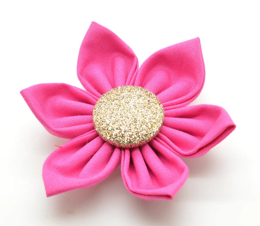 Dog Collar Accessory - Pink Flower with Gold Button Center - Findlay Rowe Designs