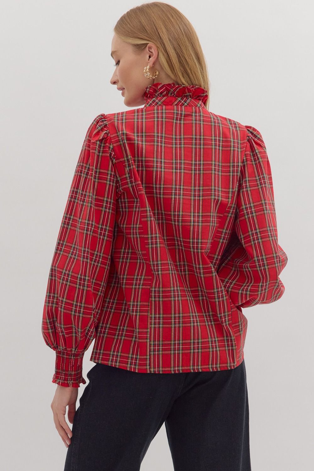 Top - Long Sleeve Plaid Ruffle - Red