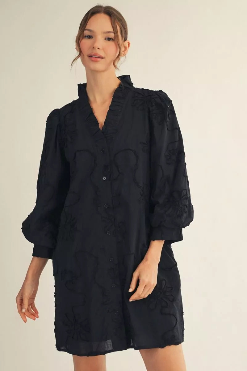 Dress - Puff Sleeve 3D Floral - Black