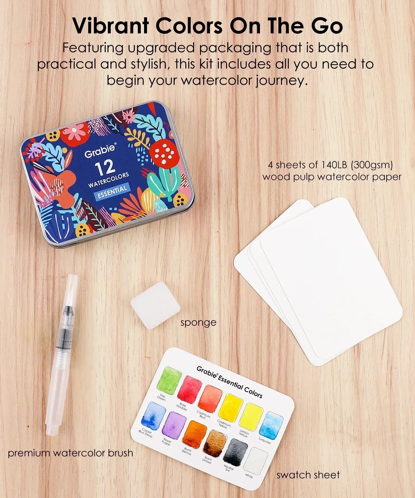 Grabie - Watercolor Pocket Set Of 12 With Brush - Essential Colors