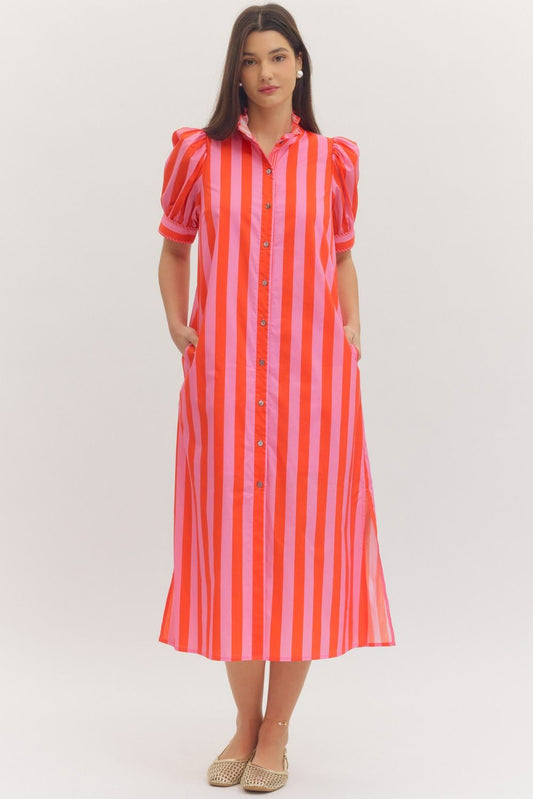 Entro - Dress - Midi - Ruffle Mock Neck - Pink Red Stripe - Findlay Rowe Designs