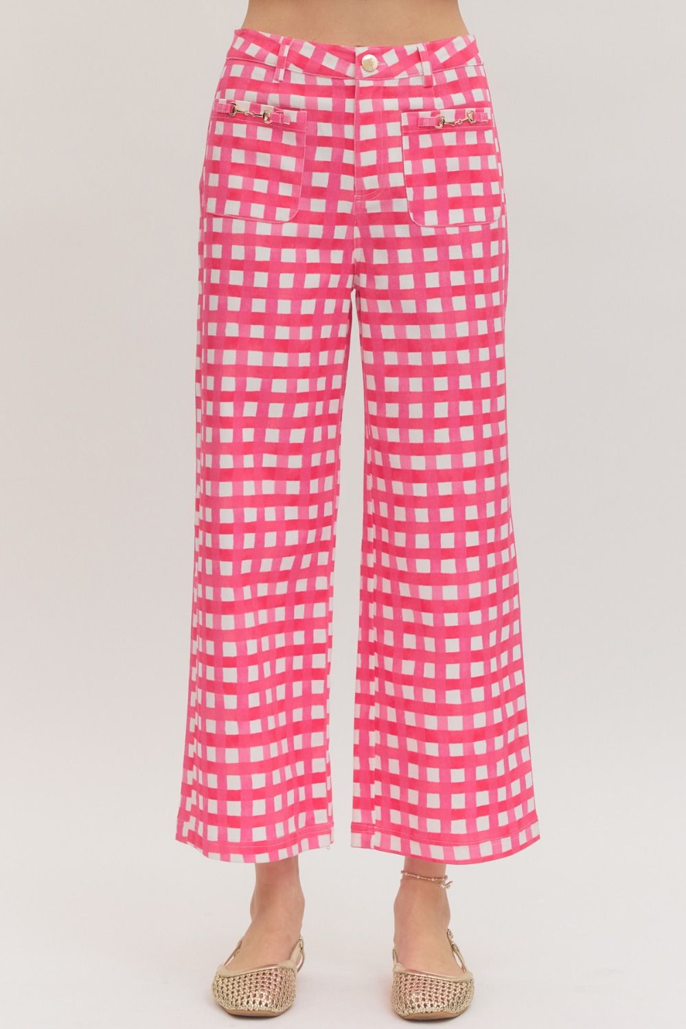 Entro - Pants - Ankle Length Plaid - Horsebit Accent - Pink White - Findlay Rowe Designs