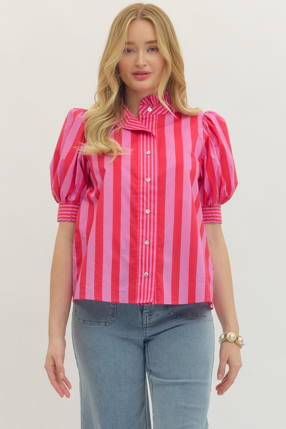 Entro - Top - Puff Sleeve - Pink Red Stripe - Findlay Rowe Designs