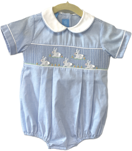 Blue Gingham Bubble with Smocked Bunnies