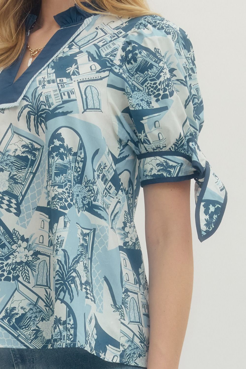Entro - Top -  V-neck Tie Sleeve - Blue - Findlay Rowe Designs