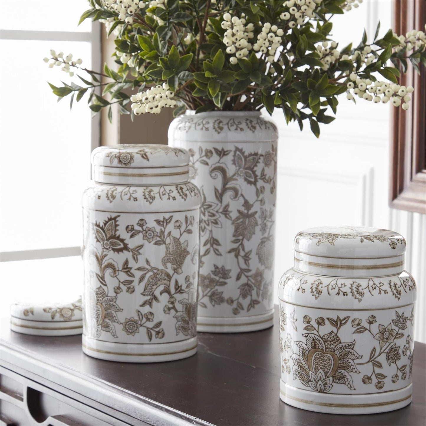 Chinoiserie Lidded Jars - Taupe & White - Findlay Rowe Designs