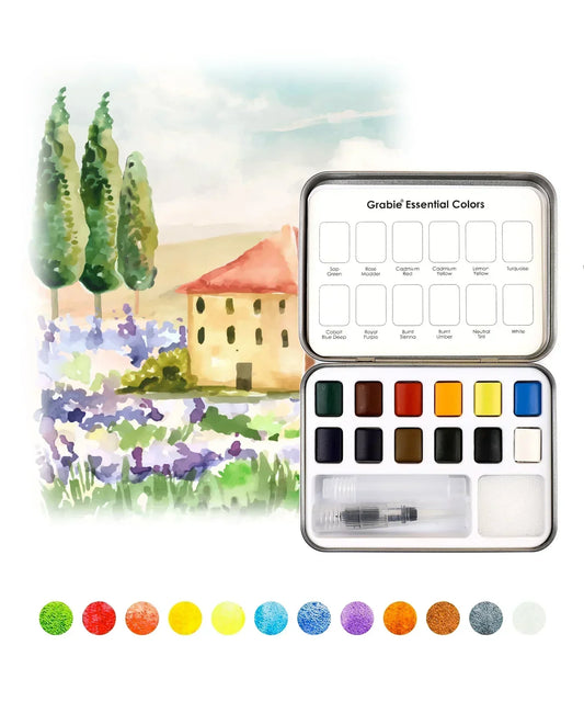 Grabie - Watercolor Pocket Set Of 12 With Brush - Essential Colors