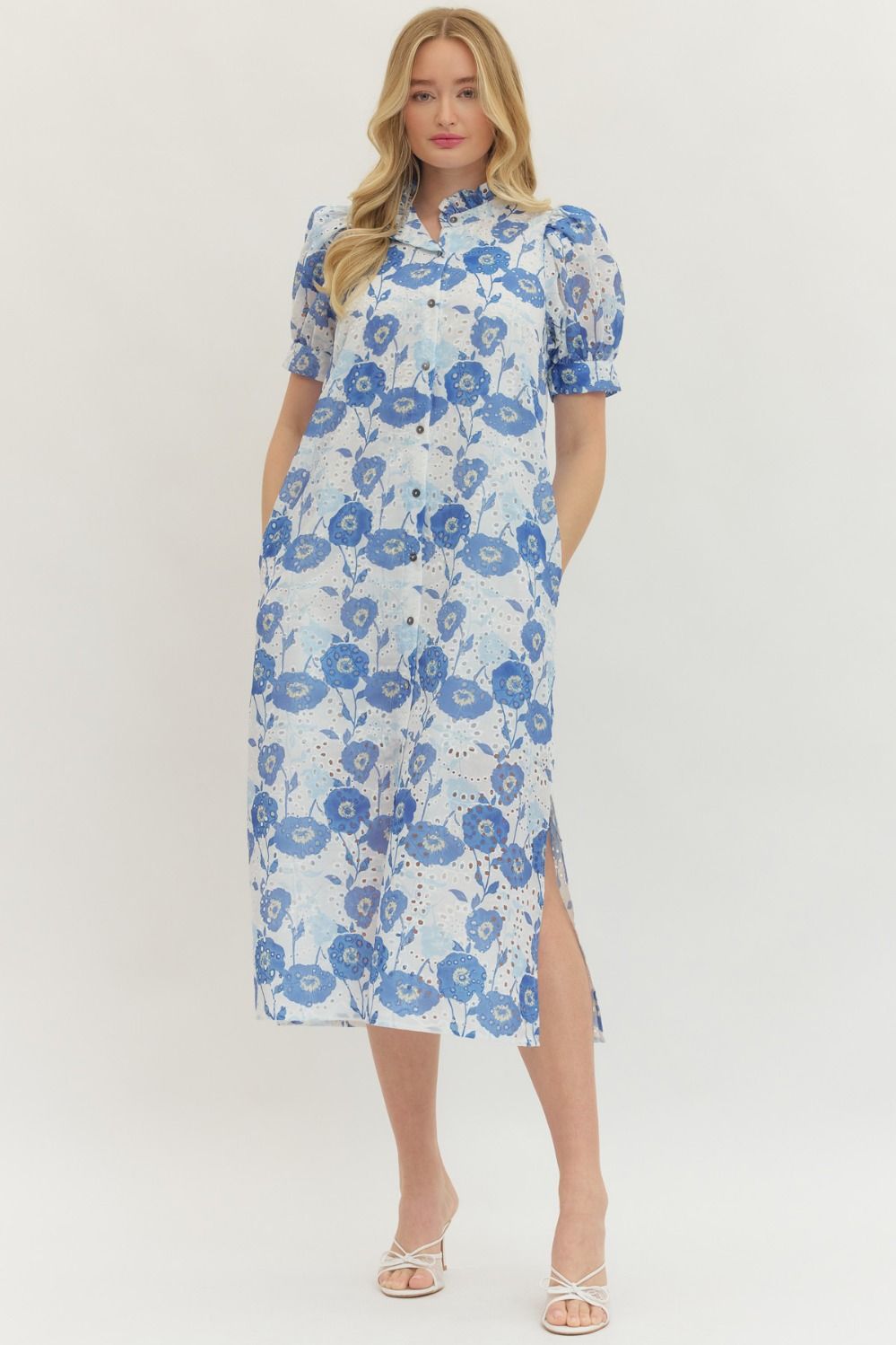 Entro - Dress - Midi Puff Sleeve - Blue White - Findlay Rowe Designs