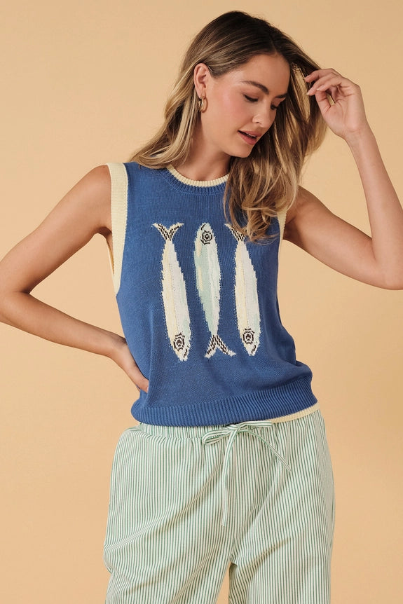 Sunday Edition by Le Lis - Sweater Vest - Fish - Dark Blue Yellow - Findlay Rowe Designs