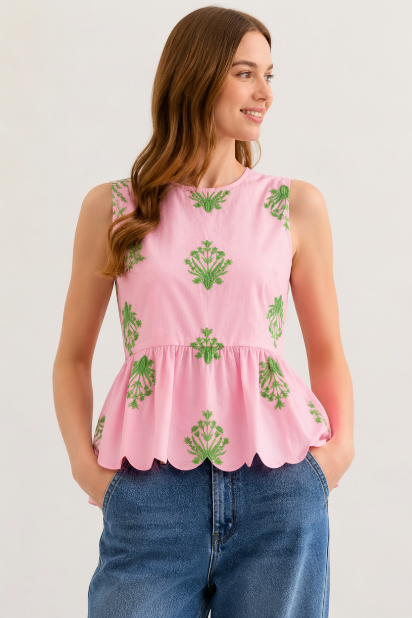 Entro - Top - Sleeveless Botanical Embroidered Scallop Hem - Pink - Findlay Rowe Designs