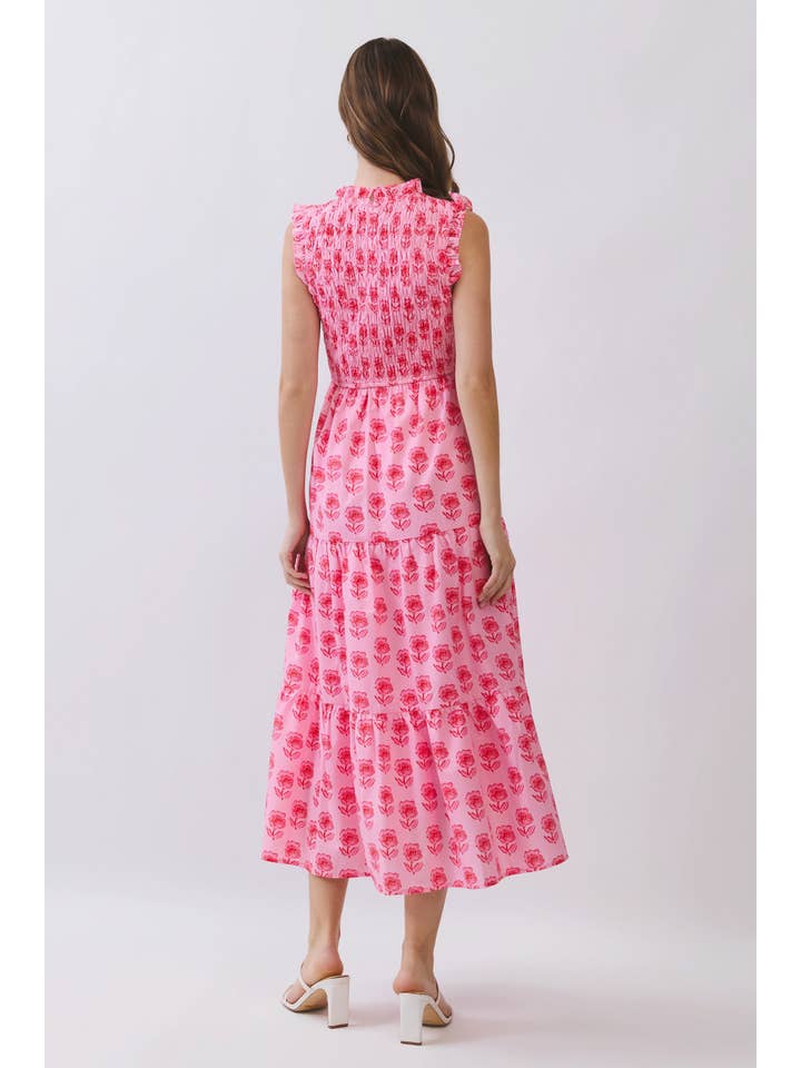 Dress - Midi Smocked Bodice Tiered - Pink - Findlay Rowe Designs